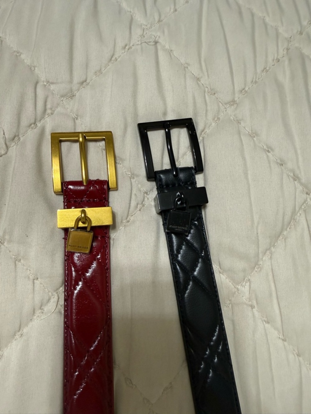 Kurt Geiger Quilted Leather Belts with Padlock Charm - Burgundy & Black